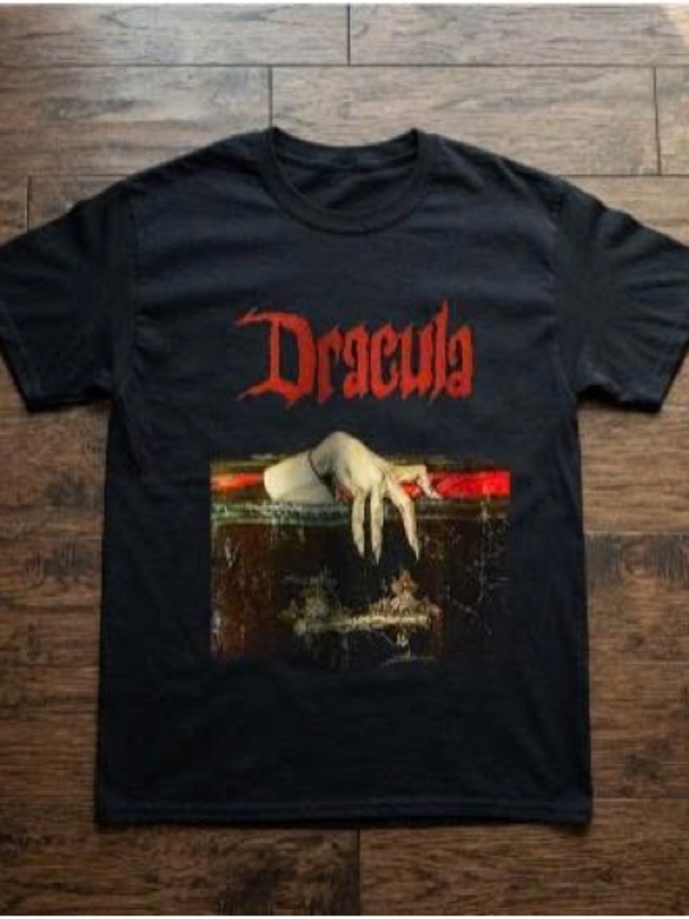 Black Dracula Graphic Tee with Red Lettering